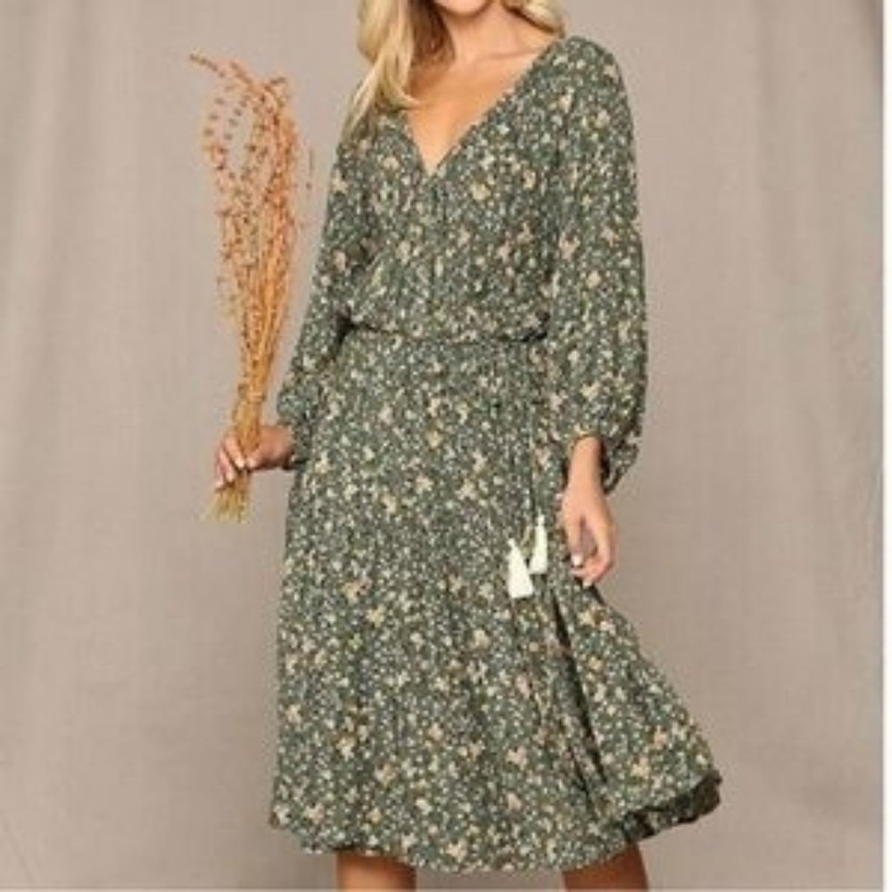 Gigio Sage Green Floral Print Women's Dress- Large